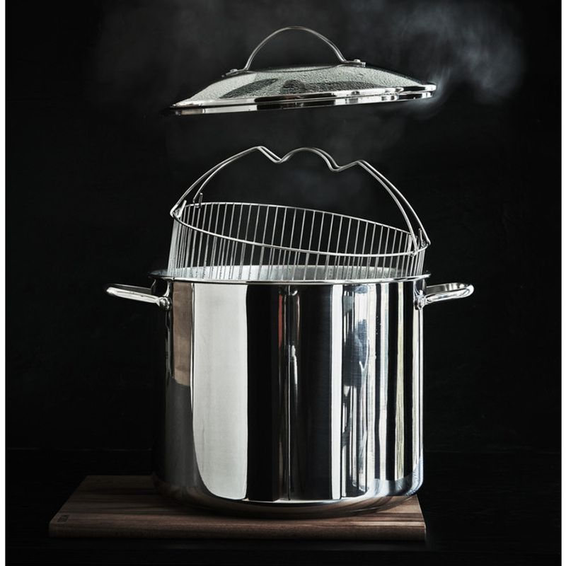 Pinnekjøttgryte 18L med Dampkurv - Stor Stålgryte til Induksjon | Glasslokk